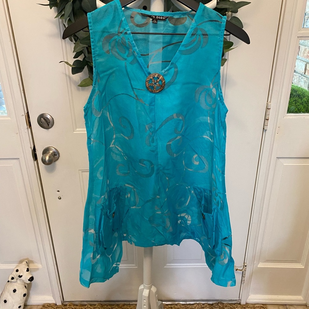 Mirror Image Linen Swirl Swim CoverUp Sheer Tunic Sleeveless S Oversized